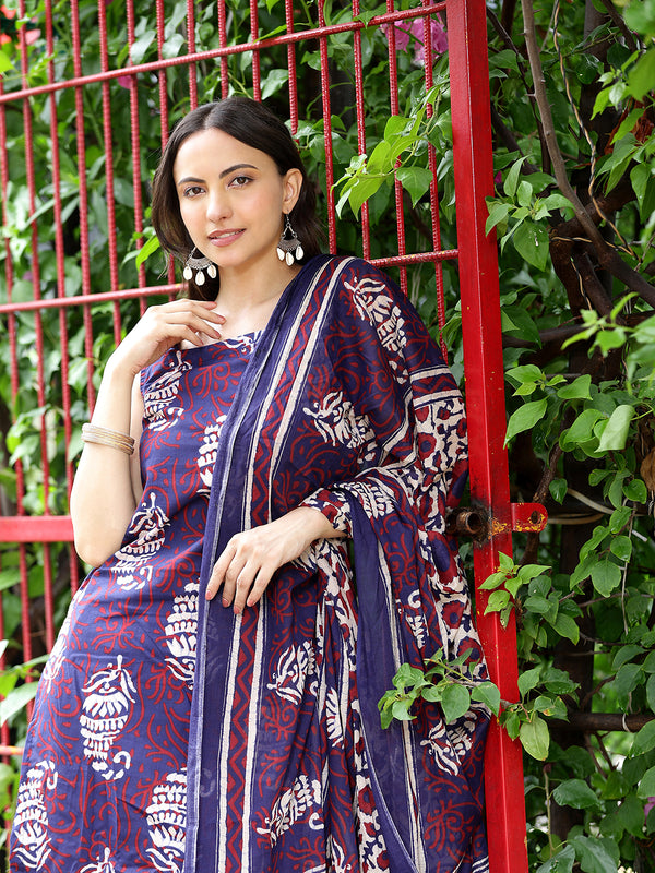 Women Navy Blue & Maroon Ethnic Motifs Printed Straight Kurta with Palazzo & Dupatta (Set of 3)