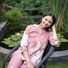 Women Pink Floral Printed Cotton Shirt & Wide Leg Trouser Co-Ord Set