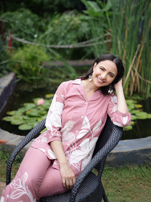 Women Pink Floral Printed Cotton Shirt & Wide Leg Trouser Co-Ord Set