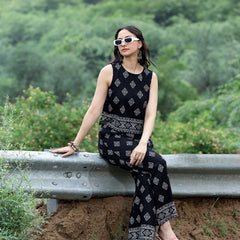 Women Black Rayon Ethnic Printed Sleeveless Top & Wide Leg Trouser Co-Ord Set | Casual Printed Co-Ord