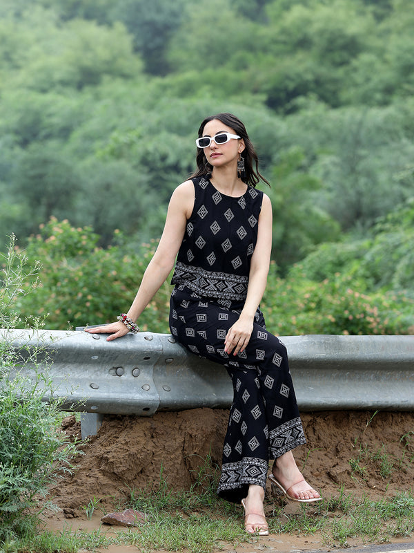 Women Black Rayon Ethnic Printed Sleeveless Top & Wide Leg Trouser Co-Ord Set | Casual Printed Co-Ord