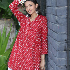 Women Red Ethnic Printed V-Neck Flared Tunic