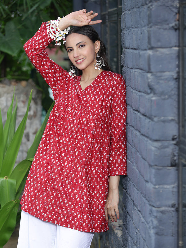Women Red Ethnic Printed V-Neck Flared Tunic