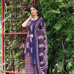 Women Navy Blue & Maroon Ethnic Motifs Printed Straight Kurta with Palazzo & Dupatta (Set of 3)