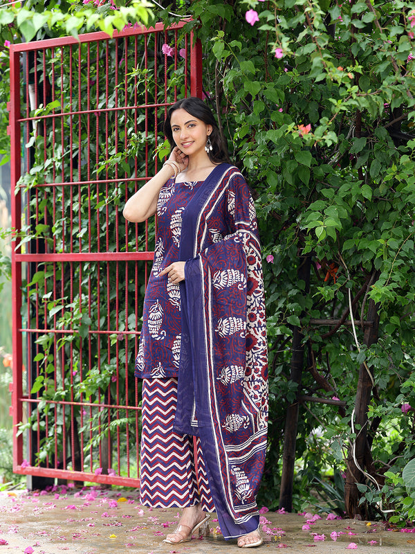 Women Navy Blue & Maroon Ethnic Motifs Printed Straight Kurta with Palazzo & Dupatta (Set of 3)