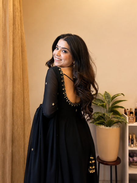 Midnight Black Embellished Anarkali Suit Set for Women