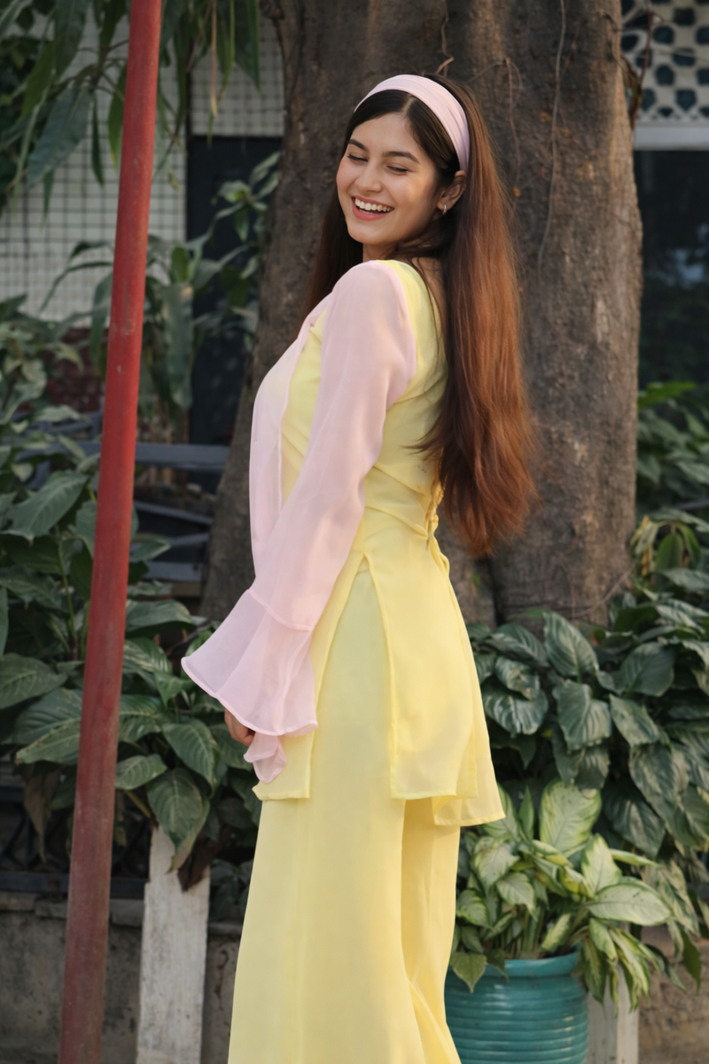 Pastel Yellow Kurta Set with Palazzo & Sheer Pink Sleeves