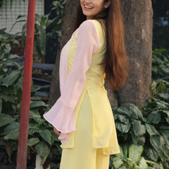 Pastel Yellow Kurta Set with Palazzo & Sheer Pink Sleeves