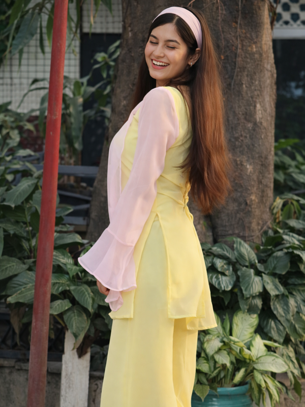 Pastel Yellow Kurta Set with Palazzo & Sheer Pink Sleeves