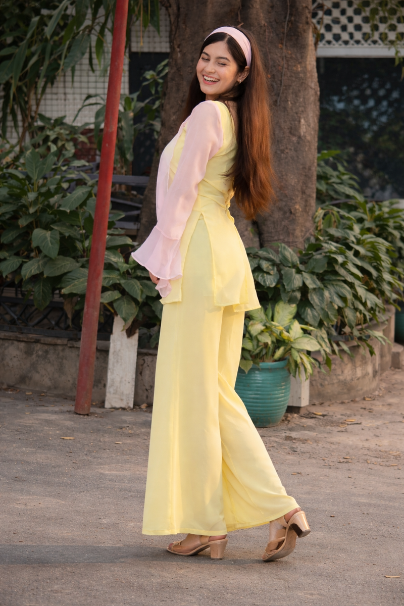 Pastel Yellow Kurta Set with Palazzo & Sheer Pink Sleeves