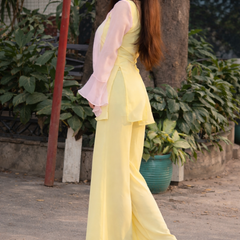 Pastel Yellow Kurta Set with Palazzo & Sheer Pink Sleeves