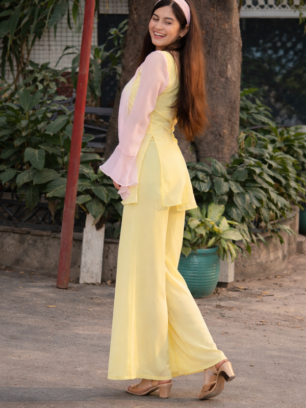 Pastel Yellow Kurta Set with Palazzo & Sheer Pink Sleeves