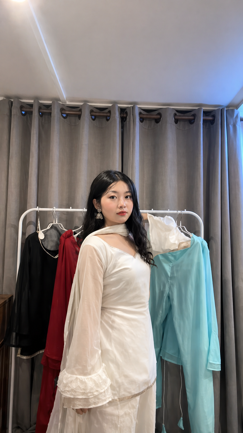 Off White Kurta Set with Palazzo & Sheer Sleeves With Dupatta