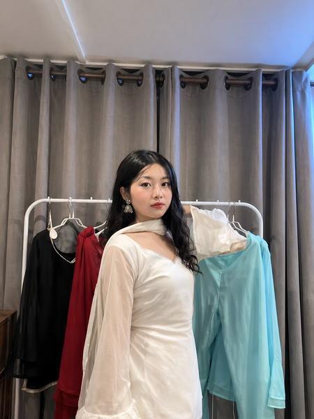 Off White Kurta Set with Palazzo & Sheer Sleeves With Dupatta