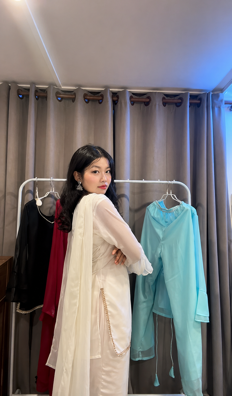 Off White Kurta Set with Palazzo & Sheer Sleeves With Dupatta