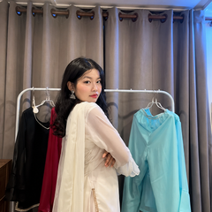 Off White Kurta Set with Palazzo & Sheer Sleeves With Dupatta