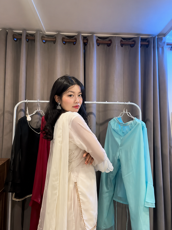 Off White Kurta Set with Palazzo & Sheer Sleeves With Dupatta