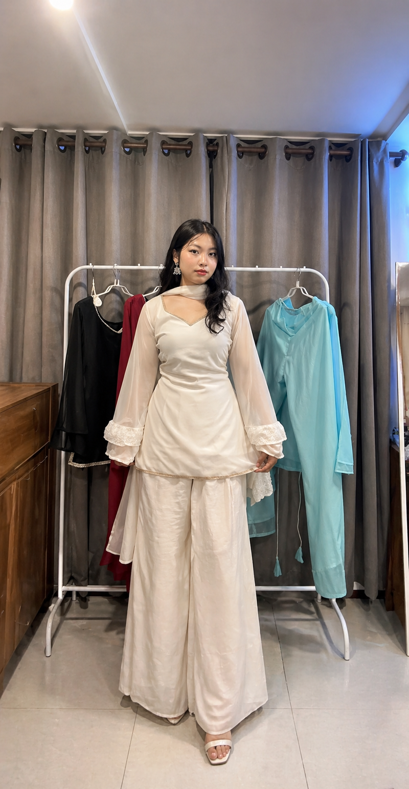 Off White Kurta Set with Palazzo & Sheer Sleeves With Dupatta