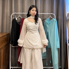 Off White Kurta Set with Palazzo & Sheer Sleeves With Dupatta