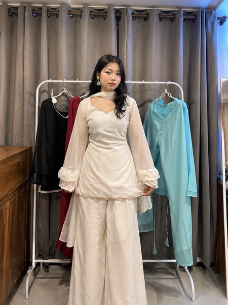 Off White Kurta Set with Palazzo & Sheer Sleeves With Dupatta