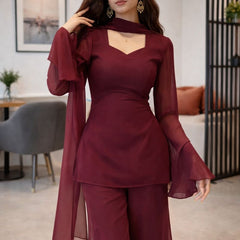 Wine Georgette Kurti Set with Palazzo & Sheer Dupatta for Women