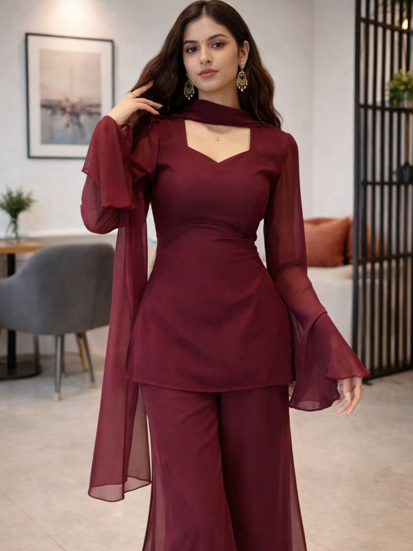 Wine Georgette Kurti Set with Palazzo & Sheer Dupatta for Women