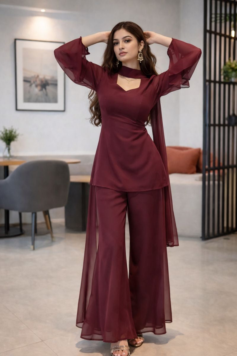Wine Georgette Kurti Set with Palazzo & Sheer Dupatta for Women