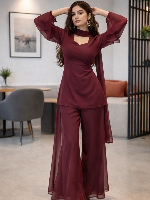 Wine Georgette Kurti Set with Palazzo & Sheer Dupatta for Women