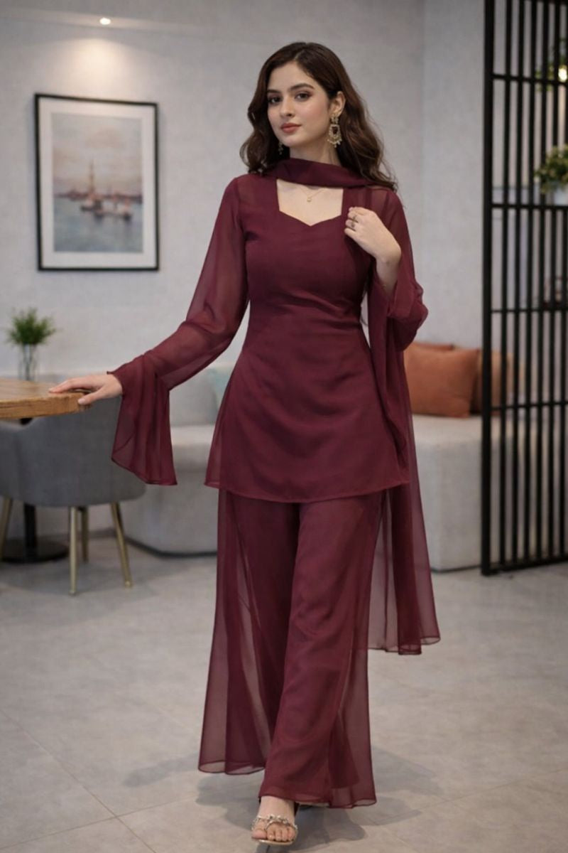 Wine Georgette Kurti Set with Palazzo & Sheer Dupatta for Women