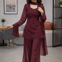 Wine Georgette Kurti Set with Palazzo & Sheer Dupatta for Women
