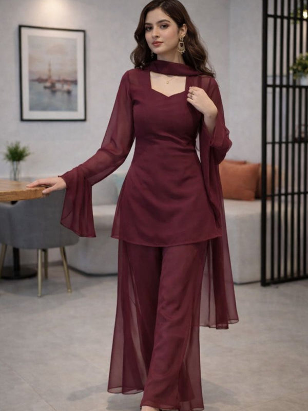 Wine Georgette Kurti Set with Palazzo & Sheer Dupatta for Women