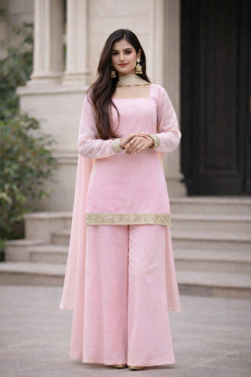Blush Pink Georgette Kurta Set with Palazzo & Dupatta – Gold Embroidered Border