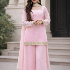 Blush Pink Georgette Kurta Set with Palazzo & Dupatta – Gold Embroidered Border