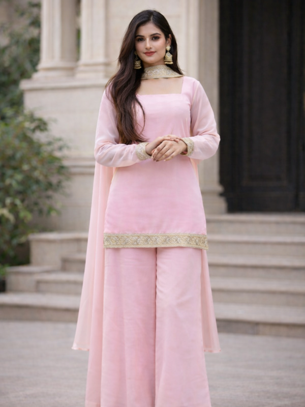 Blush Pink Georgette Kurta Set with Palazzo & Dupatta – Gold Embroidered Border
