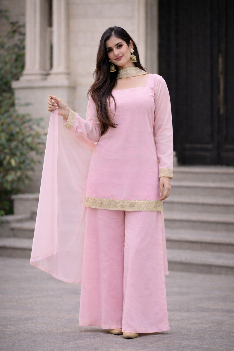 Blush Pink Georgette Kurta Set with Palazzo & Dupatta – Gold Embroidered Border