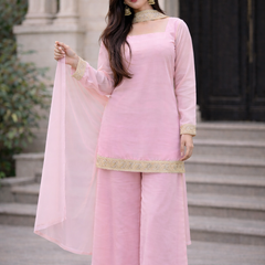 Blush Pink Georgette Kurta Set with Palazzo & Dupatta – Gold Embroidered Border