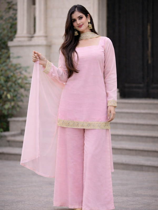 Blush Pink Georgette Kurta Set with Palazzo & Dupatta – Gold Embroidered Border