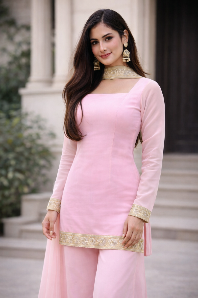 Blush Pink Georgette Kurta Set with Palazzo & Dupatta – Gold Embroidered Border
