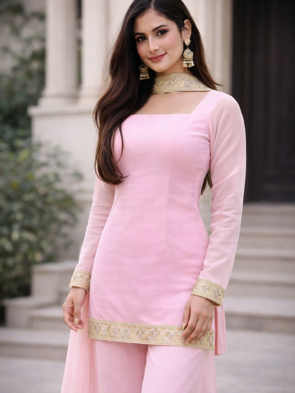 Blush Pink Georgette Kurta Set with Palazzo & Dupatta – Gold Embroidered Border