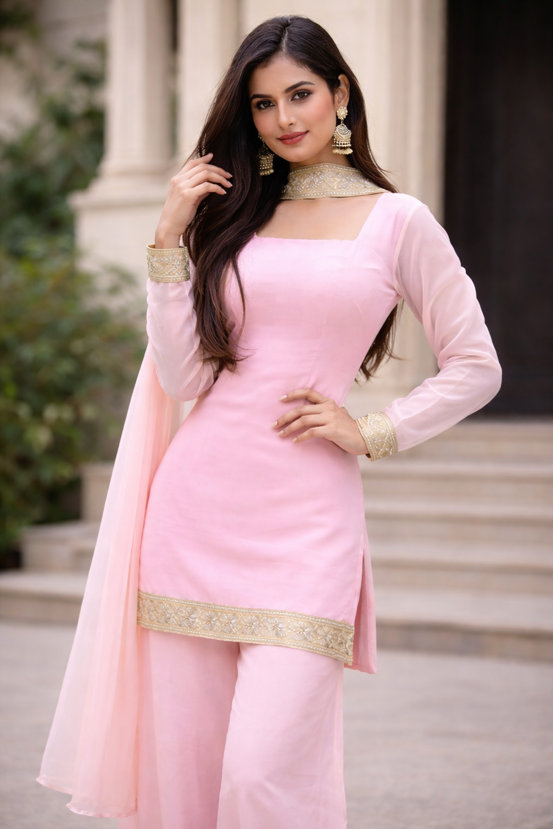 Blush Pink Georgette Kurta Set with Palazzo & Dupatta – Gold Embroidered Border