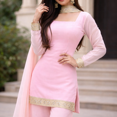 Blush Pink Georgette Kurta Set with Palazzo & Dupatta – Gold Embroidered Border