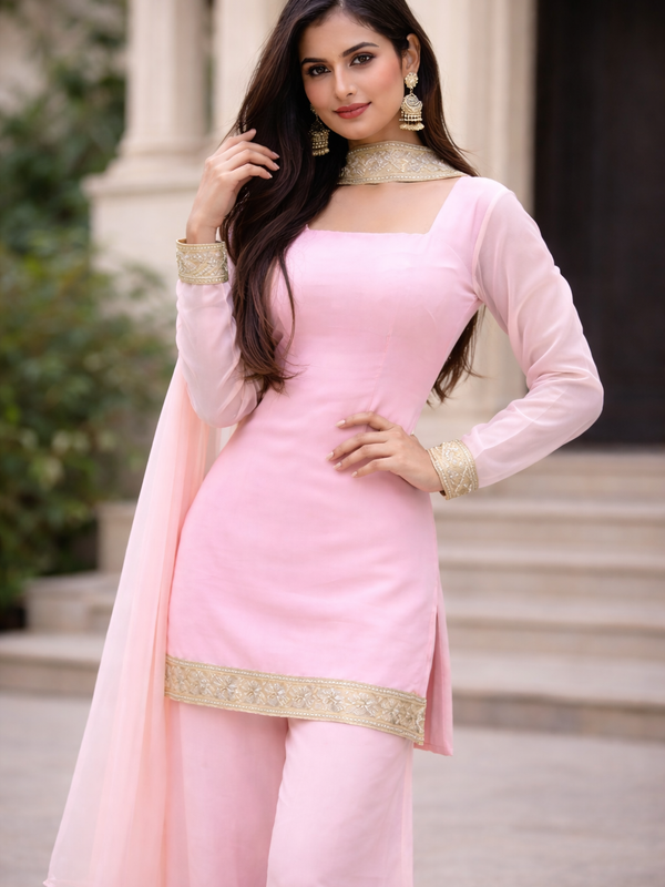 Blush Pink Georgette Kurta Set with Palazzo & Dupatta – Gold Embroidered Border