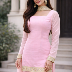 Blush Pink Georgette Kurta Set with Palazzo & Dupatta – Gold Embroidered Border