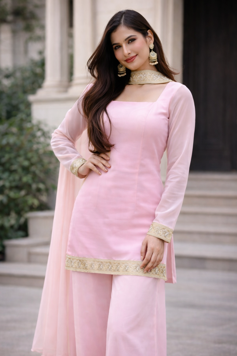 Blush Pink Georgette Kurta Set with Palazzo & Dupatta – Gold Embroidered Border