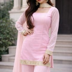 Blush Pink Georgette Kurta Set with Palazzo & Dupatta – Gold Embroidered Border