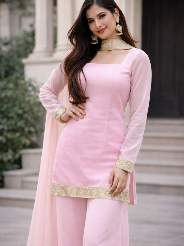 Blush Pink Georgette Kurta Set with Palazzo & Dupatta – Gold Embroidered Border