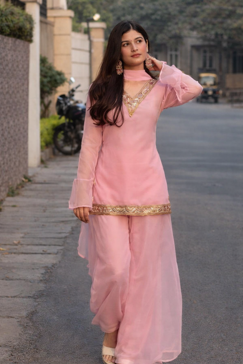 Baby Pink Georgette Kurta Set with Palazzo & Dupatta – Gold Embroidered Border