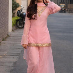 Baby Pink Georgette Kurta Set with Palazzo & Dupatta – Gold Embroidered Border