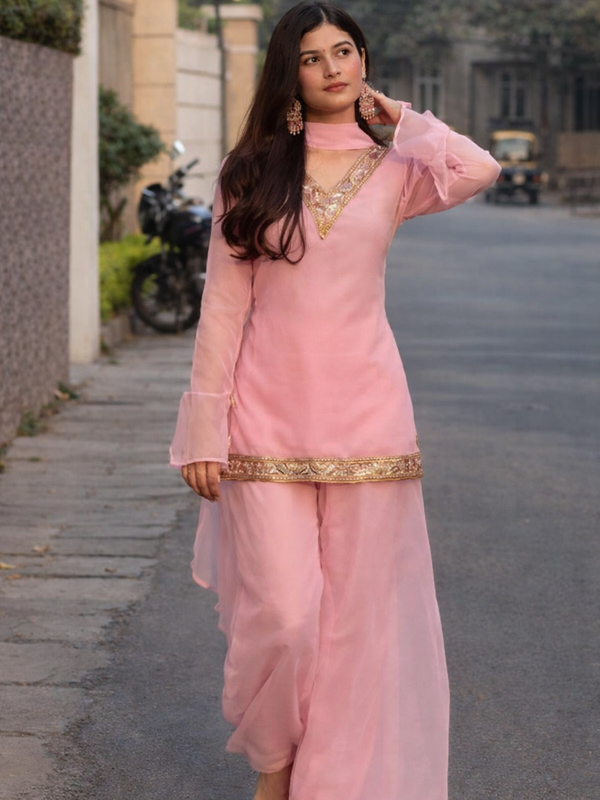 Baby Pink Georgette Kurta Set with Palazzo & Dupatta – Gold Embroidered Border