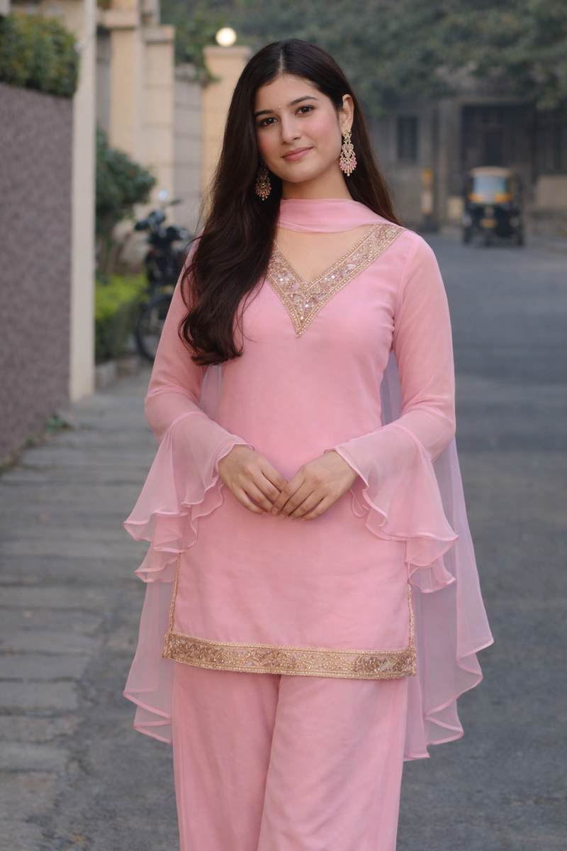 Baby Pink Georgette Kurta Set with Palazzo & Dupatta – Gold Embroidered Border